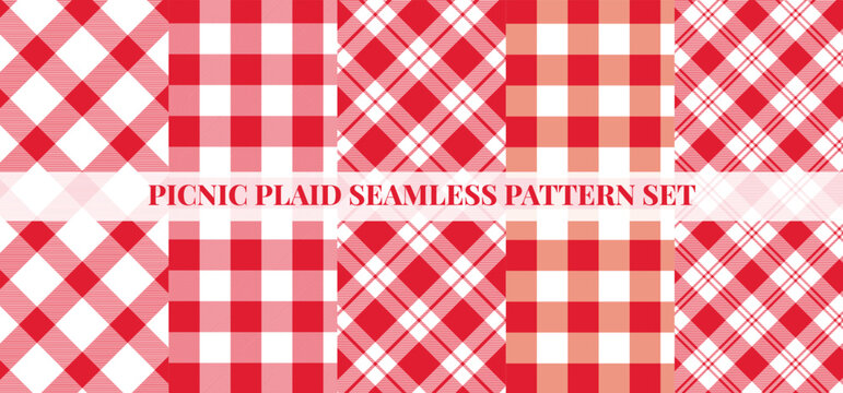 Red white diagonal tablecloth plaid seamless pattern set, retro check textile fabric texture