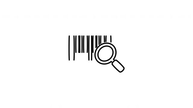 inimalist outline animation of a product barcode scan with a magnifying glass search icon drawing on and fading out. Features a clean pop up style in 3 color setups.