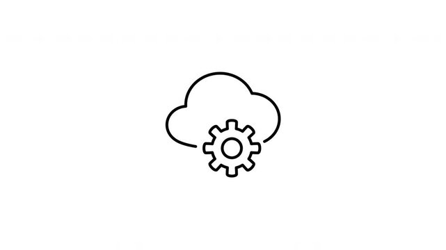 Minimalist outline animation of data cloud storage with a configuration settings gear cog icon drawing on and fading out. Features a clean pop up style in 3 color setups.