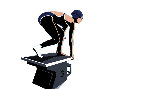 Female swimmer in starting position on block ready for race competition Education and back to school.