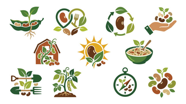 Collection of icons representing beans, agriculture, and healthy eating.