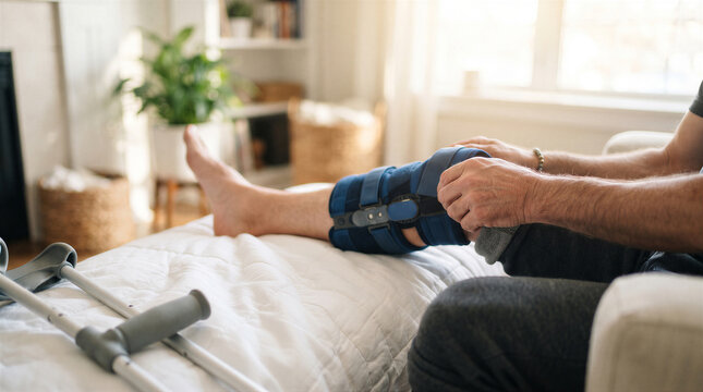 Closeup of a man adjusting a knee brace on his leg while sitting on a bed at home, with crutches visible in the foreground