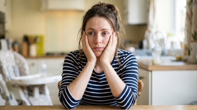 Exhausted young mother sitting at a kitchen table with her hands on her face, feeling overwhelmed and tired from parenting duties