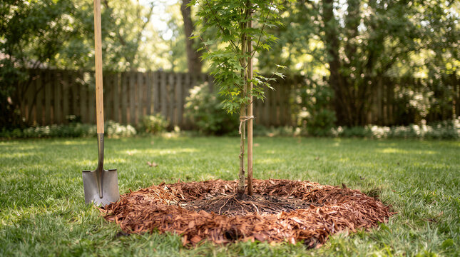 A young sapling tree planted in a residential backyard with a shovel standing nearby, surrounded by a fresh ring of wood mulch