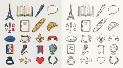 Collection of French cultural icons and symbols, including Eiffel Tower, croissant, baguette, and book, in color and outline versions. © renender