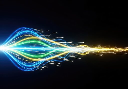Abstract representation of light acting as both a spreading wave and localized points moving through space, theory, physics, flow
