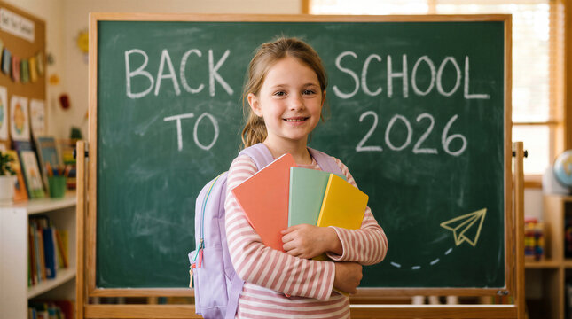 Happy young girl holding notebooks in front of a chalkboard in a classroom, ready for the new school year, back to school 2026 concept