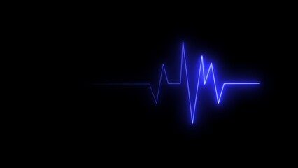 Glowing blue neon heartbeat ekg line on a solid black background, medical pulse monitor waveform