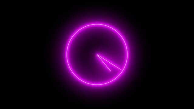 Glowing neon pink circle outline with two intersecting lines forming an abstract clock face on a solid black background