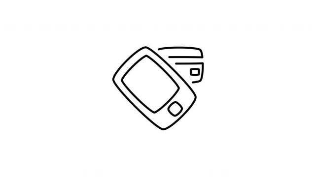 Minimalist outline animation of a mobile cellular phone screen with a plastic credit card transaction icon drawing on and fading out. Features a clean pop up style in 3 color setups.