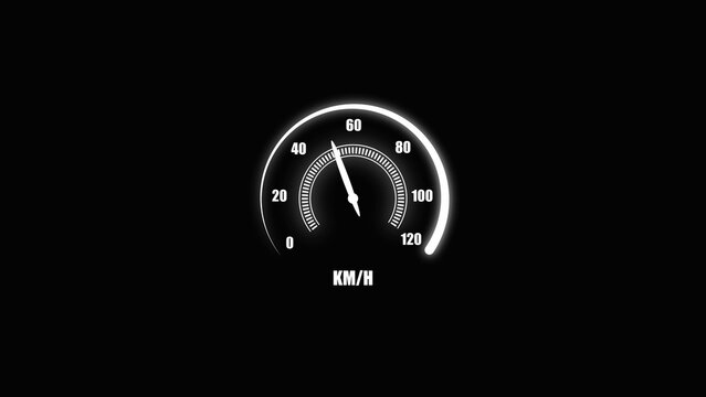 Glowing white speedometer gauge on black background, indicating speed in kilometers per hour