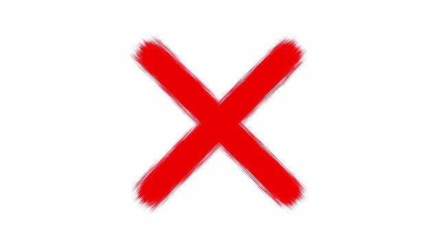 Hand drawn red x mark symbol with visible textured brush strokes on a plain white background, isolated cross sign for rejection or error