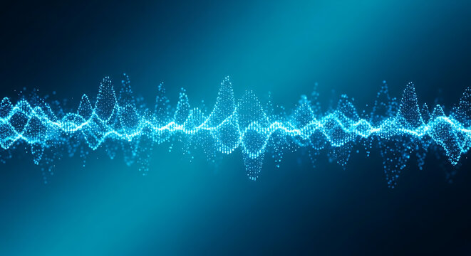 Abstract digital sound wave equalizer glowing on blue background with abstract technology frequency connection particle communication vibration information electronic