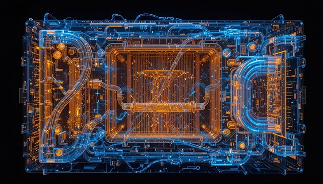 Glowing Circuit Board Technology with Digital Data Flow and Neon Illumination