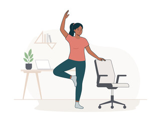 Fototapeta premium Flat vector illustration of adaptive chair yoga for remote workers, featuring a standing balance pose, ergonomic wellness concept, and copy space for workplace health campaigns.