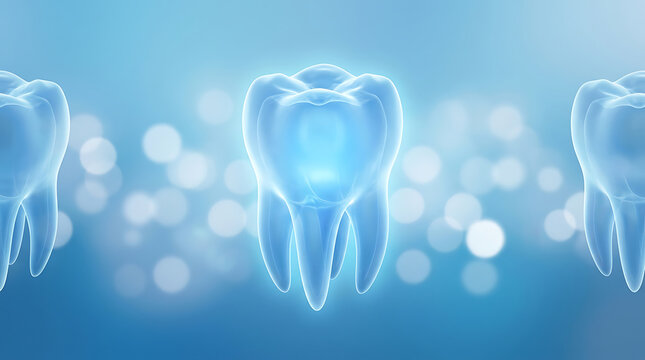 Three translucent blue teeth models glowing with light on a bokeh background tooth dental health medical