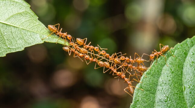 Colony of weaver ants forming a living bridge to cross from one green leaf to another in natural forest environment macro photography