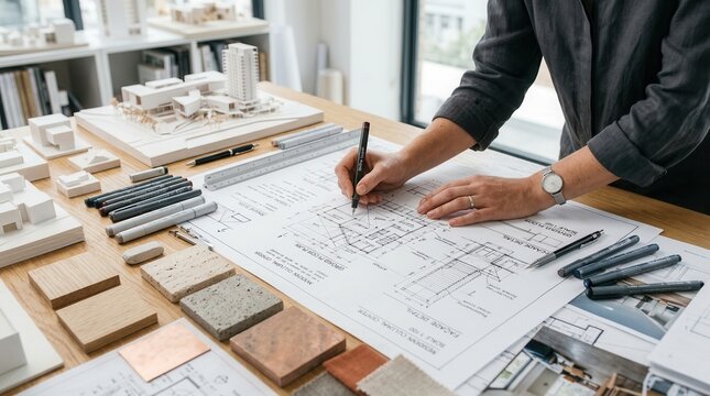 Architectural blueprints and building models being reviewed by an architect.