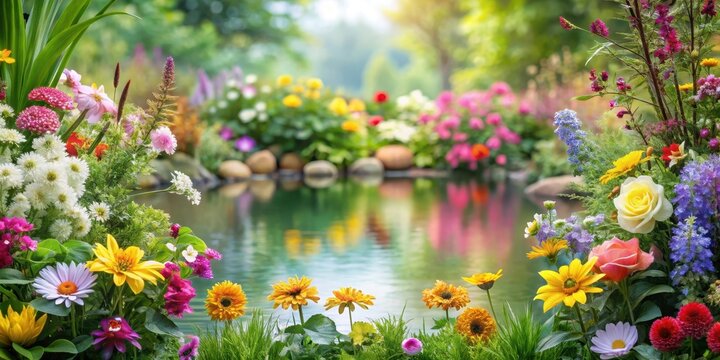 Colorful flowers and foliage in a delicate border around a garden pond