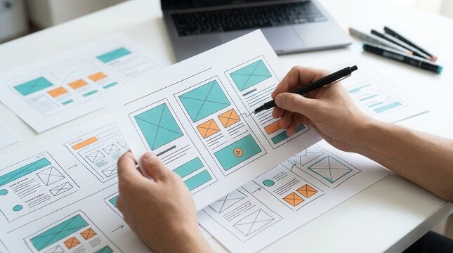 Application developer reviewing a prototype framework and wireframe design template.
