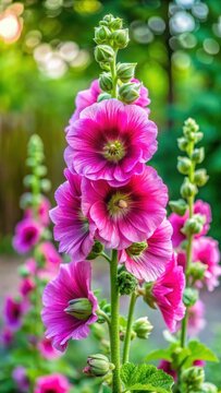 A lush pink hollyhock plant with a vibrant purple stem surrounded by delicate frilly flowers