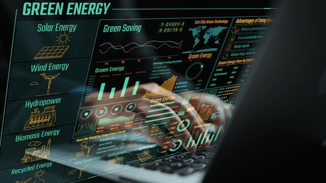 Close-up of hands on a laptop displaying vibrant green energy concepts, featuring charts on solar, wind, and hydropower, emphasizing sustainability and innovation. Cipher