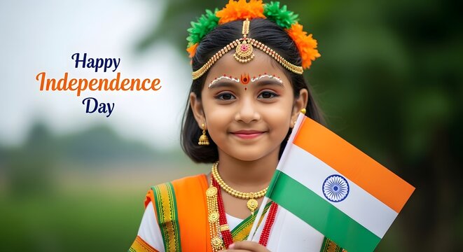 Indian independence day celebration smiling girl with national flag