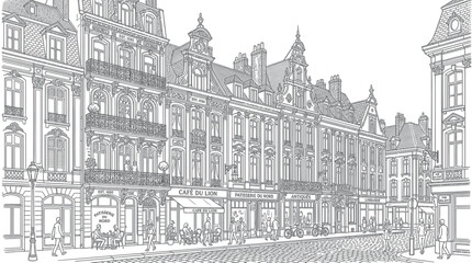 Vintage European Street Scene with Parisian Cafe and Haussmannian Buildings Illustration © Gisel