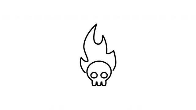 Minimalist outline animation of a blazing flaming skull fire hot heavy metal rock icon drawing on and fading out. Features a clean pop up style in 3 color setups.