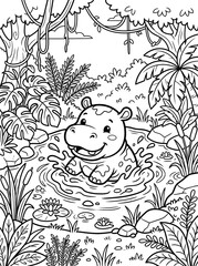Fototapeta premium fun Rainforest Coloring Adventure designed with tropical rainforest scenes Adorable Hippo Coloring Page for Kids in Jungle Scene with Splashing Water and Tropical Foliage