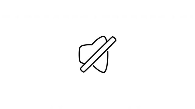 Minimalist outline animation of a megaphone speaker with a slash bar mute sound silent volume icon drawing on and fading out. Features a clean pop up style in 3 color setups.