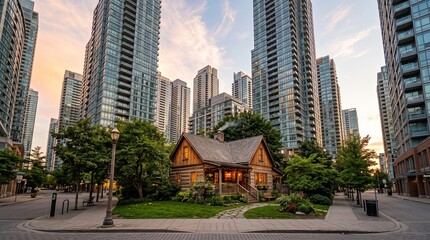 Fototapeta premium Rustic wooden house surrounded by modern apartment buildings, symbolizing tradition, individuality and urban contrast.
