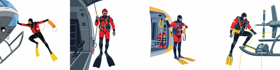 Four illustrations of a professional rescue diver performing air-to-sea operations, including jumping and rappelling from a helicopter, isolated on a white background. © Muqodimatul