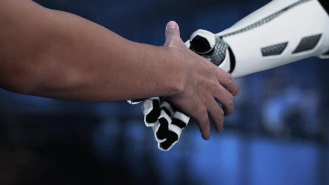 A modern office scene featuring a robotic hand interacting with a digital interface focused on social media marketing, highlighting strategies and analytics. Synapse