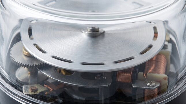 Macro of Analog Power Meter Disc and Copper Coils Showing Home Energy Consumption