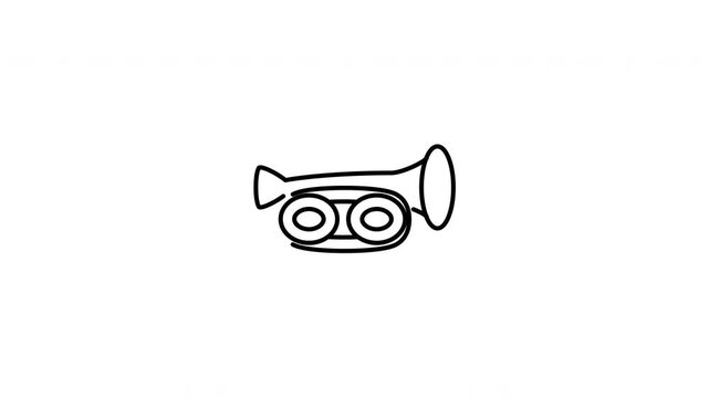 Minimalist outline animation of a classic brass trumpet wind orchestra instrument fanfare icon drawing on and fading out. Features a clean pop up style in 3 color setups.