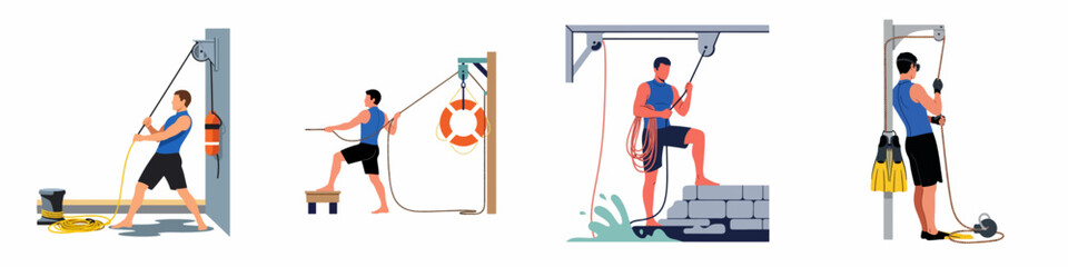 Vector illustrations of men using pulley systems for maritime tasks, diving preparations, and rescue operations with ropes and safety equipment. © Muqodimatul