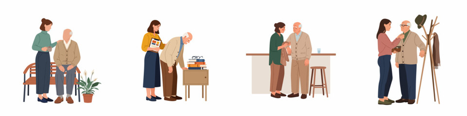 Fototapeta premium Flat illustration set depicting a female caregiver assisting an elderly man with daily activities like dressing, reading, and taking breaks.