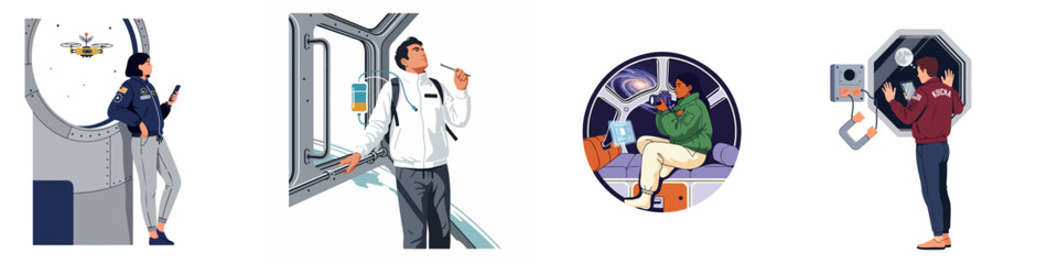Illustration set of people engaging in various activities inside a spacecraft or space station, showcasing futuristic space tourism and exploration. © Muqodimatul