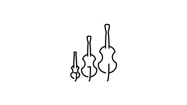 Minimalist outline animation of an orchestra violin family set with cello double bass string instruments icon drawing on and fading out. Features a clean pop up style in 3 color setups.