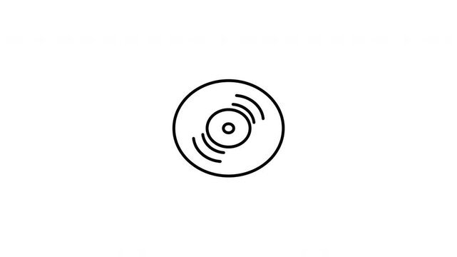 Minimalist outline animation of a retro analog vinyl record gramophone audio disc storage icon drawing on and fading out. Features a clean pop up style in 3 color setups.