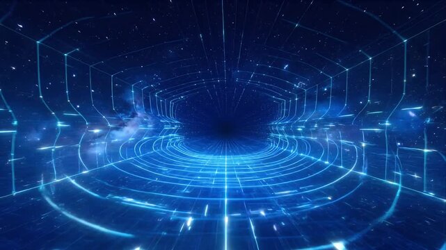 Futuristic tunnel digital space blue light virtual reality science fiction abstract background energy flow data stream speed motion cosmic scene with glowing grid perspective star field deep sci fi