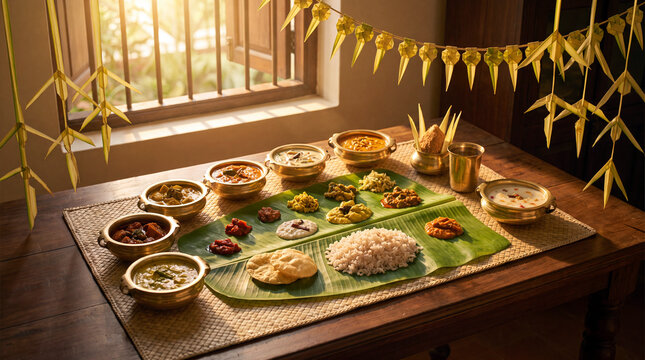 Traditional Kerala Onam Sadhya feast served on a banana leaf with festive palm leaf decorations, arranged on a rustic wooden table under warm sunlight, representing a cultural celebration.