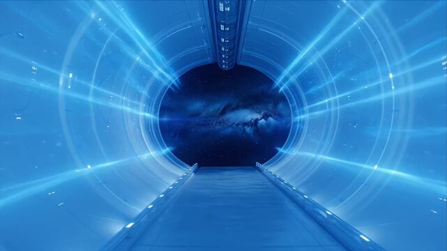 Futuristic tunnel blue light science fiction galaxy deep space starfield corridor cosmic gateway star travel modern architecture glowing interior technology concept digital future neon perspective