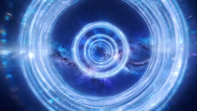 Sci fi portal space tunnel time vortex glowing ring energy circle wormhole galaxy background cosmic light blue nebula star field hypnotic futuristic tunnel abstract space blue light circle