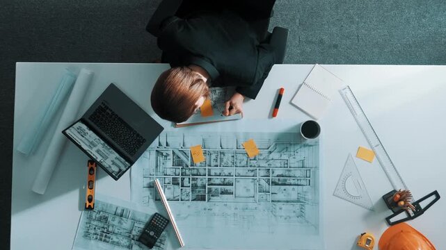 Time lapse of smart architect drawing while working at laptop. Top down view of caucasian engineer designing blueprint and drafting house model at table with equipment and safety helmet. Alimentation.