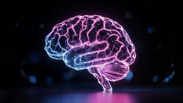 Glowing digital human brain pulsating with neon lights on dark background