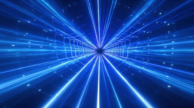 Futuristic tunnel blue neon light warp speed abstract background digital space, glowing technology energy motion effect creates immersive dynamic scene, radial line vanishing point perspective sci fi
