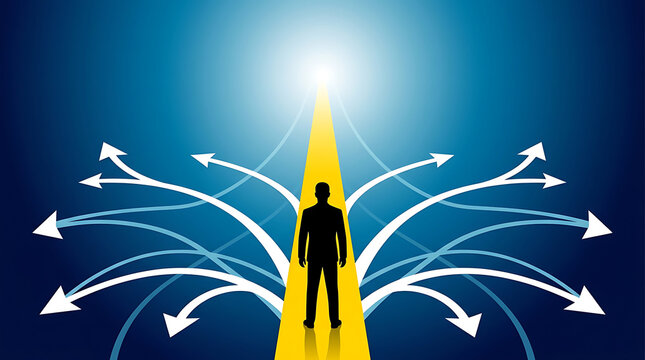 Silhouette man standing at bright yellow crossroads with multiple white arrow paths decision choice