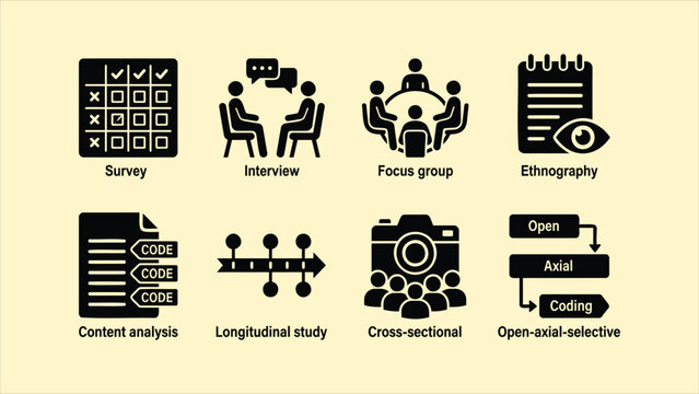 Black solid qualitative and quantitative research methods UI icon set vector